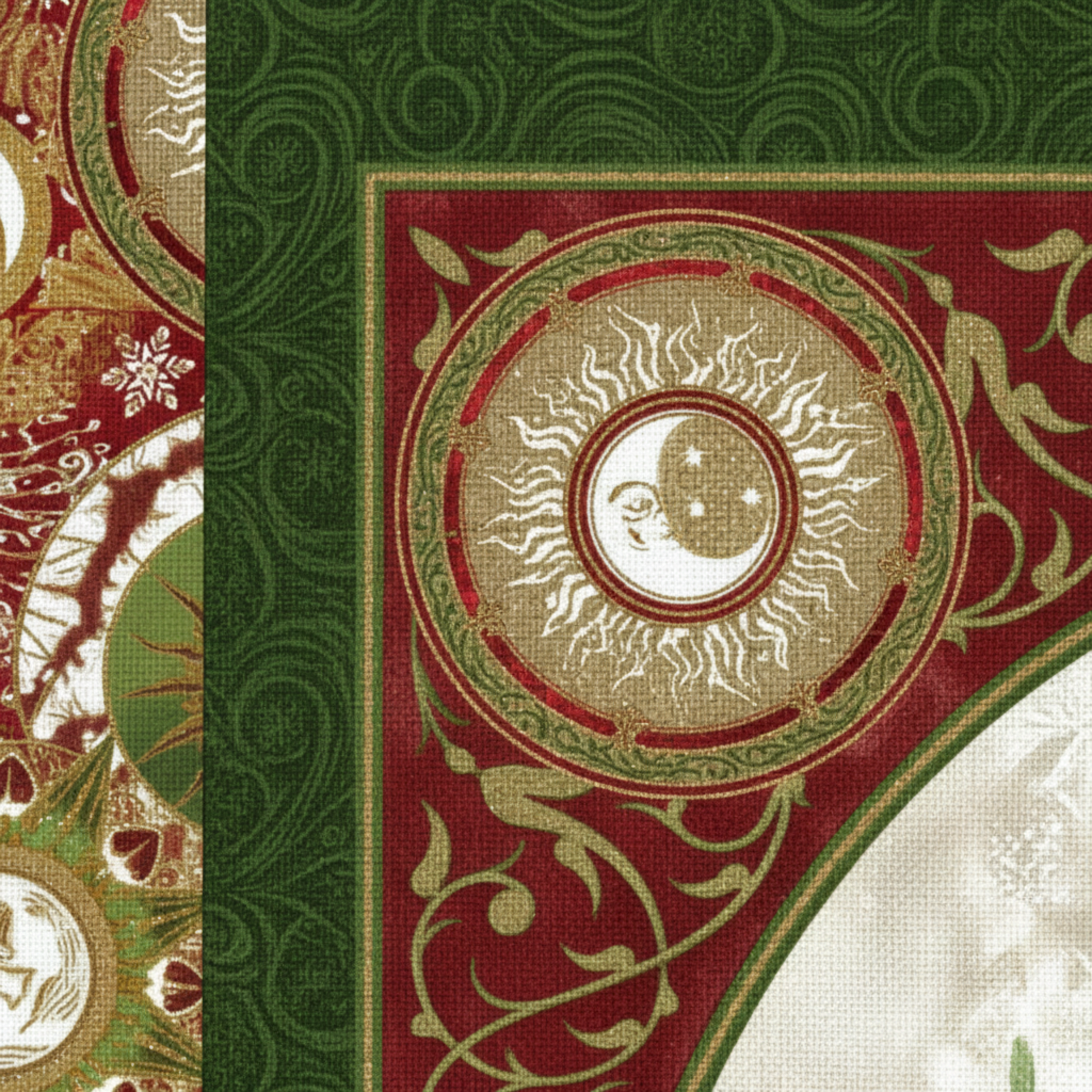 Detailed section of Winter Solstice II Metallic Quilt Panel highlighting celestial and snowflake motifs with metallic accents