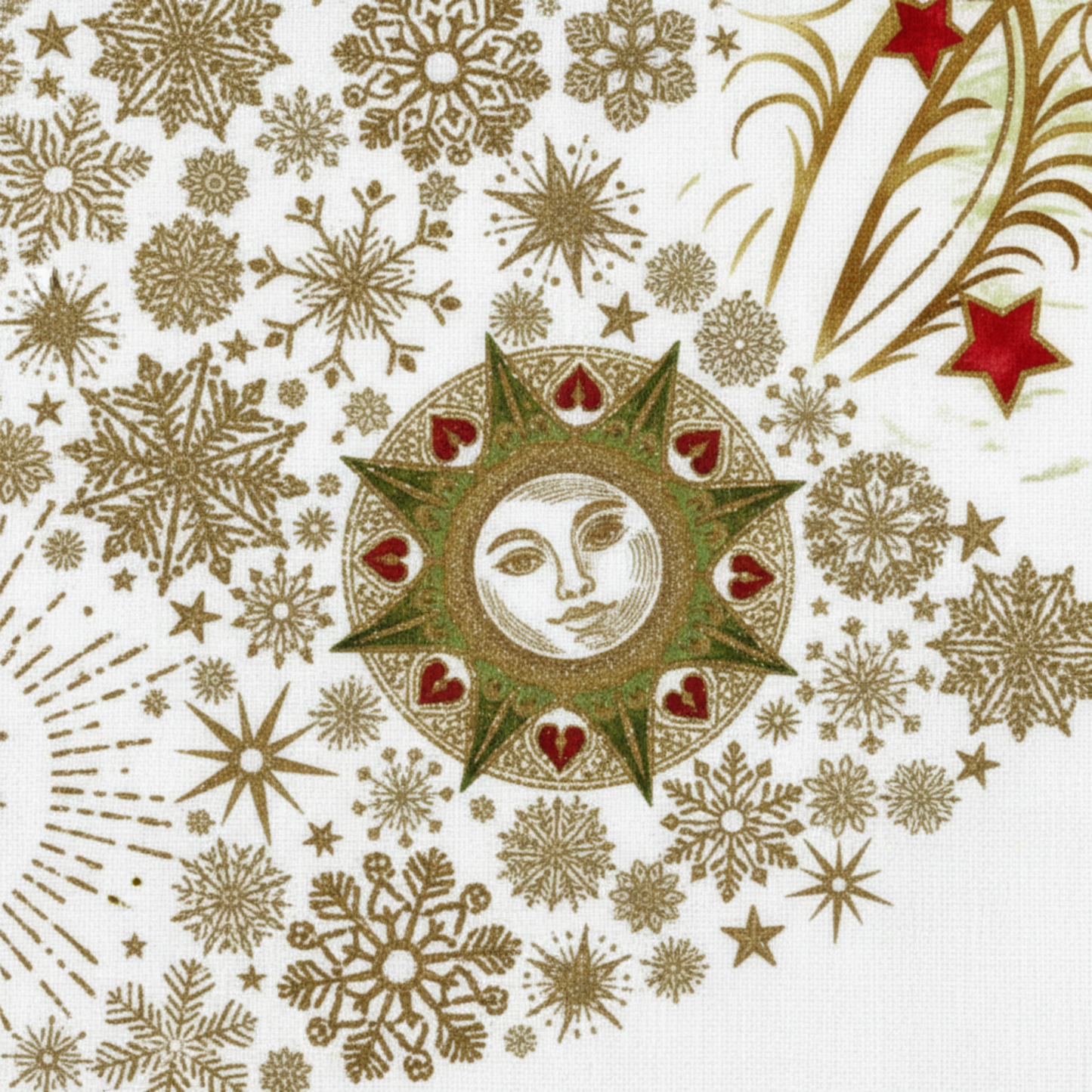 Detailed section of Winter Solstice II Metallic Quilt Panel highlighting celestial motifs and metallic details