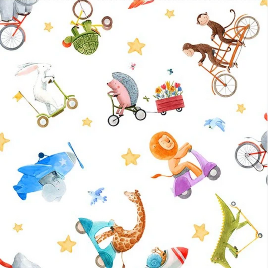 On the Go Tossed Multi quilting cotton fabric by Jason Yenter – premium 100% cotton showing animals driving vehicles on white