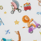 Close-up detail of On the Go Tossed Multi quilting cotton fabric highlighting print clarity and texture