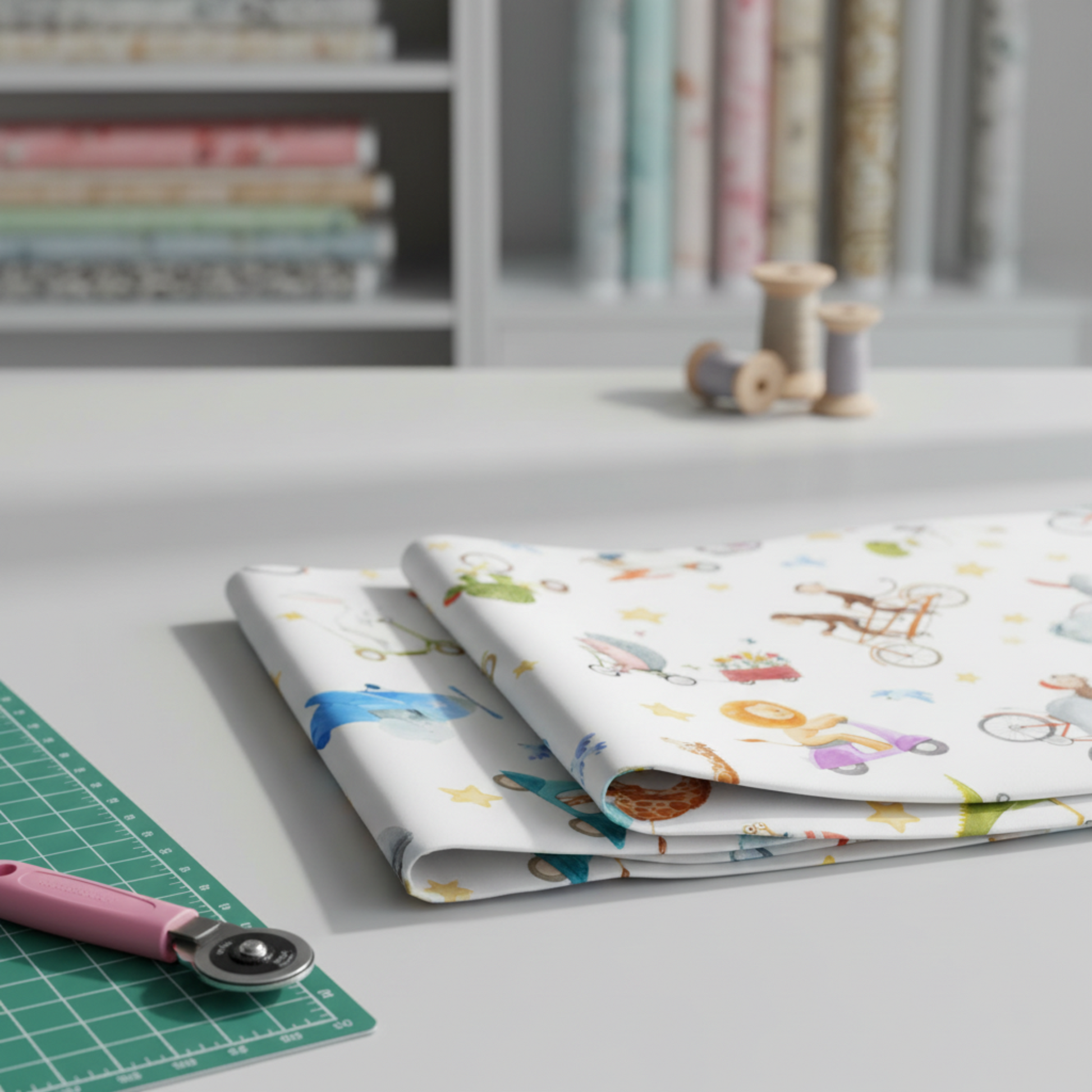 On the Go Tossed Multi quilting cotton folded stack showing fabric body and drape quality