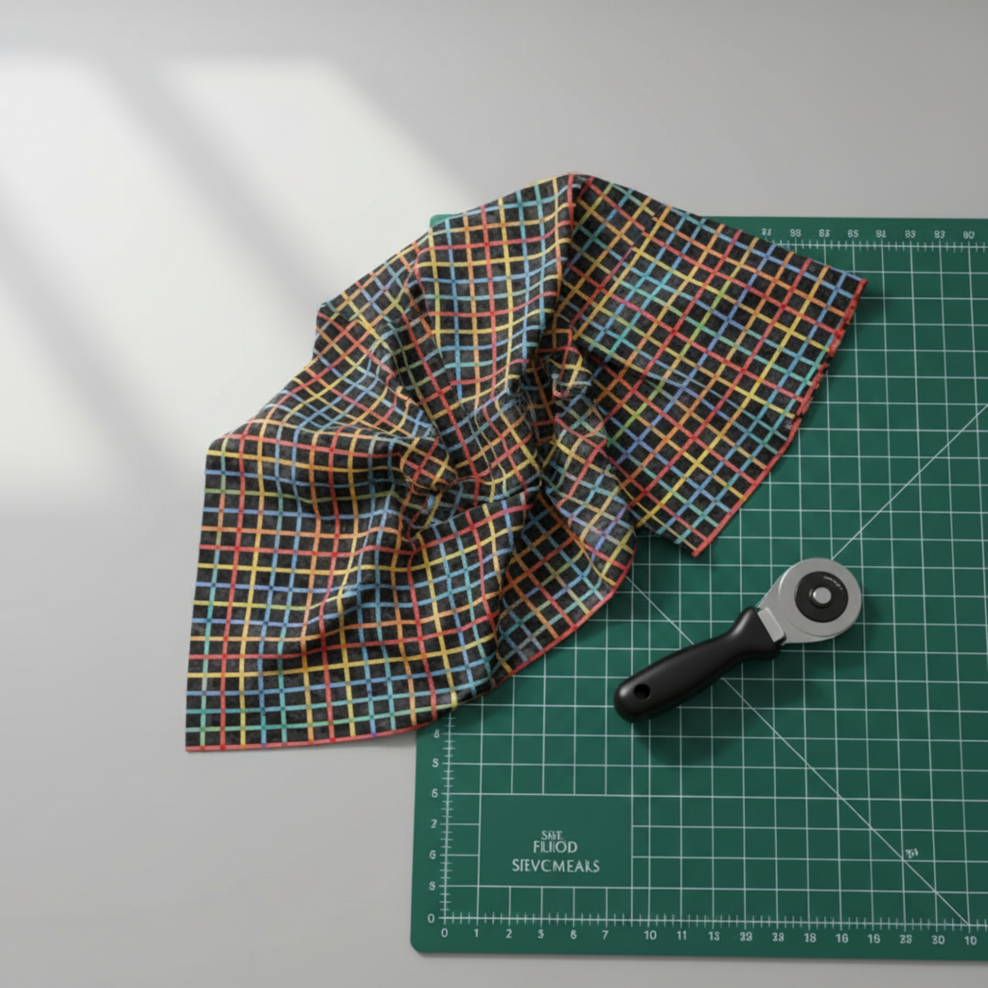 On the Go Plaid Multi quilting cotton fabric from the On The Go collection, multicolor plaid pattern draped on green cutting mat with rotary cutter for scale.