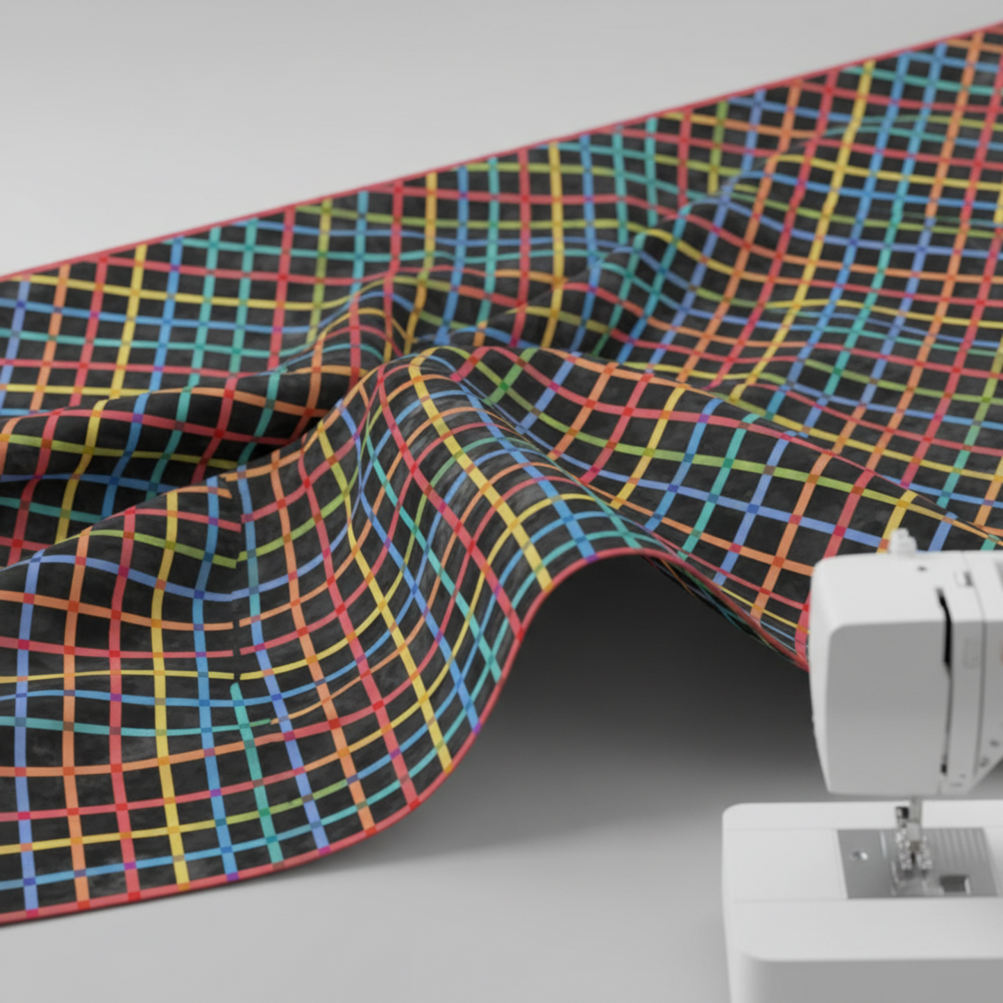 On the Go Plaid Multi quilting cotton fabric from the On The Go collection, multicolor plaid draped beside sewing machine to show soft drape and scale.