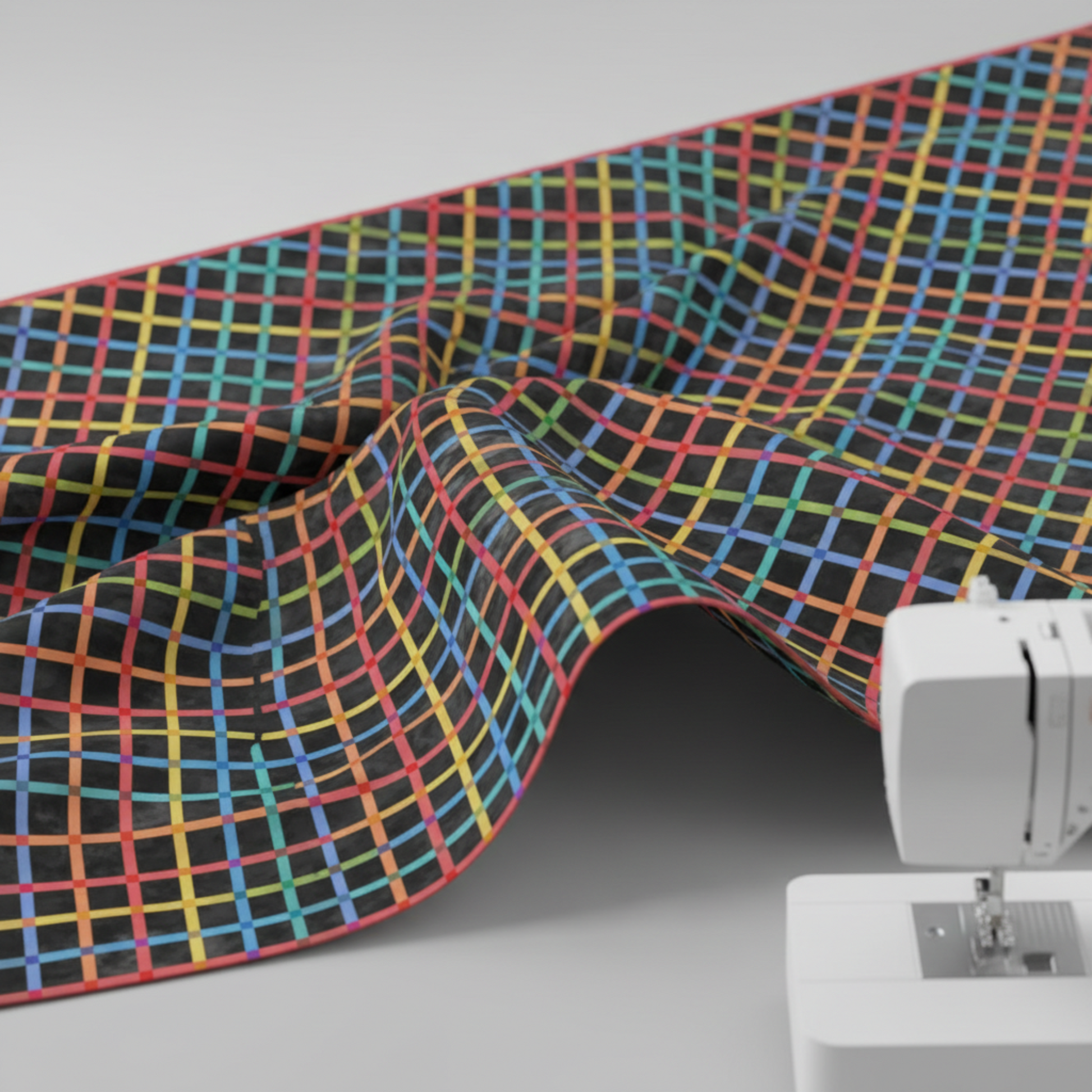 On the Go Plaid Multi quilting cotton fabric from the On The Go collection, multicolor plaid draped beside sewing machine to show soft drape and scale.