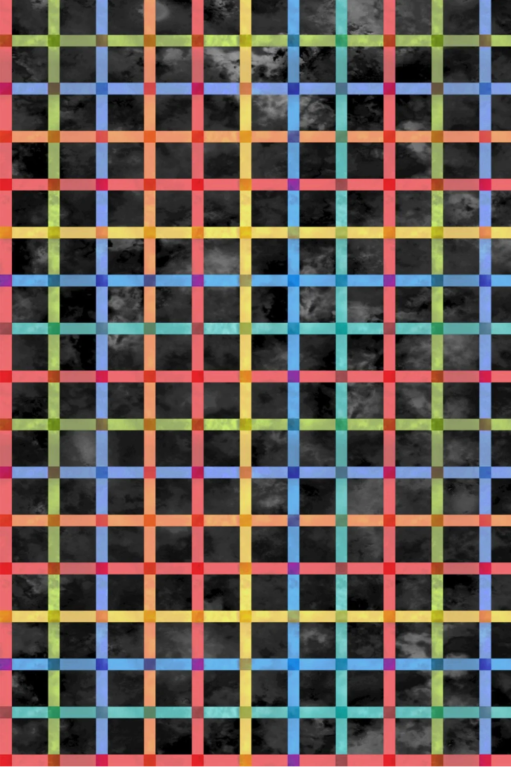 On the Go Plaid Multi quilting cotton by Jason Yenter for In The Beginning Fabrics — vertical crop flat lay showing bold rainbow gridlines in red, coral, sky blue, cobalt, teal, yellow-green, yellow, orange, grass green, aqua, pink, and purple intersecting across a deep black batik ground with subtle smoky watercolor texture, 100% cotton, 43–44" wide.