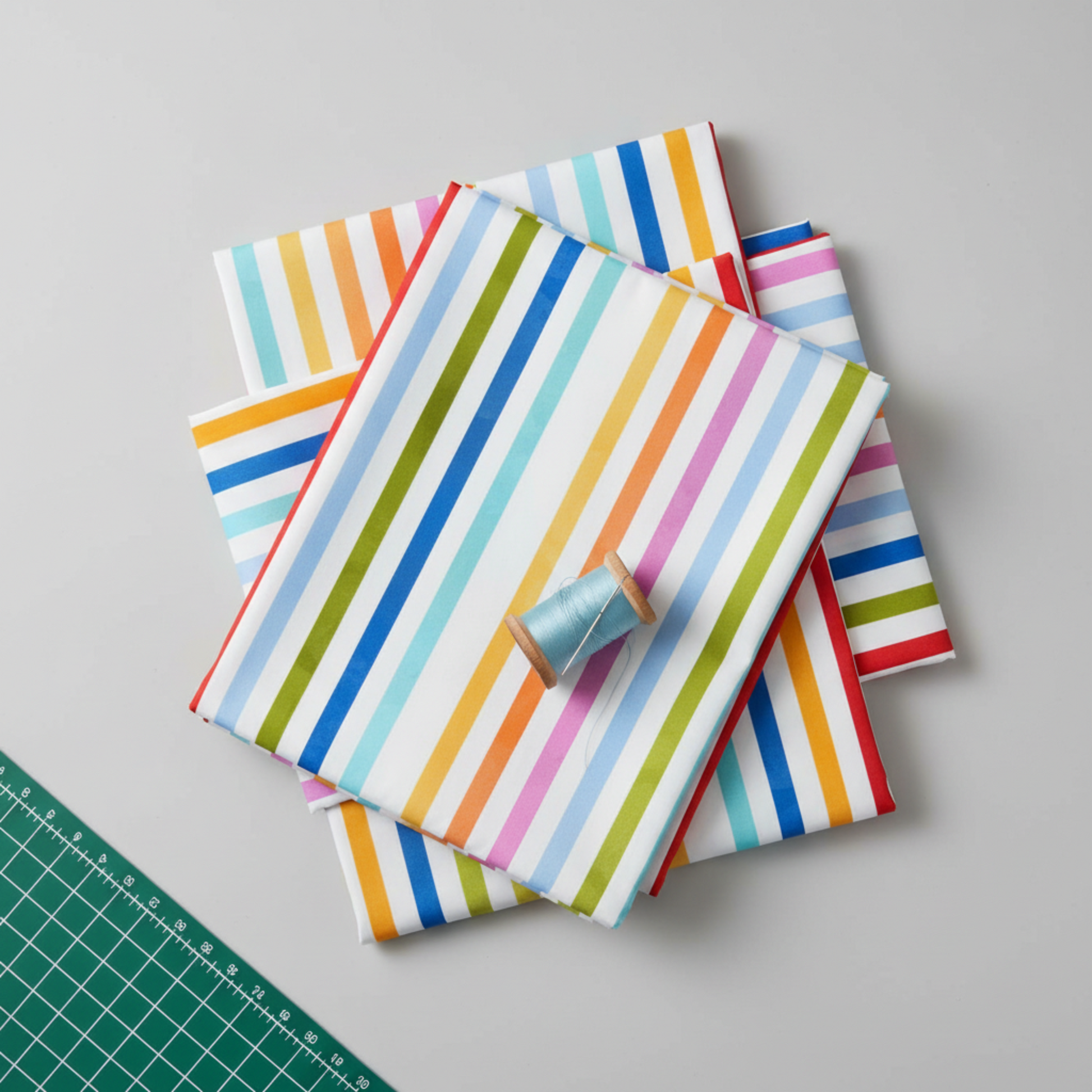 Close-up of On the Go Stripes Multi quilting fabric highlighting crisp multicolor stripe design and smooth cotton texture