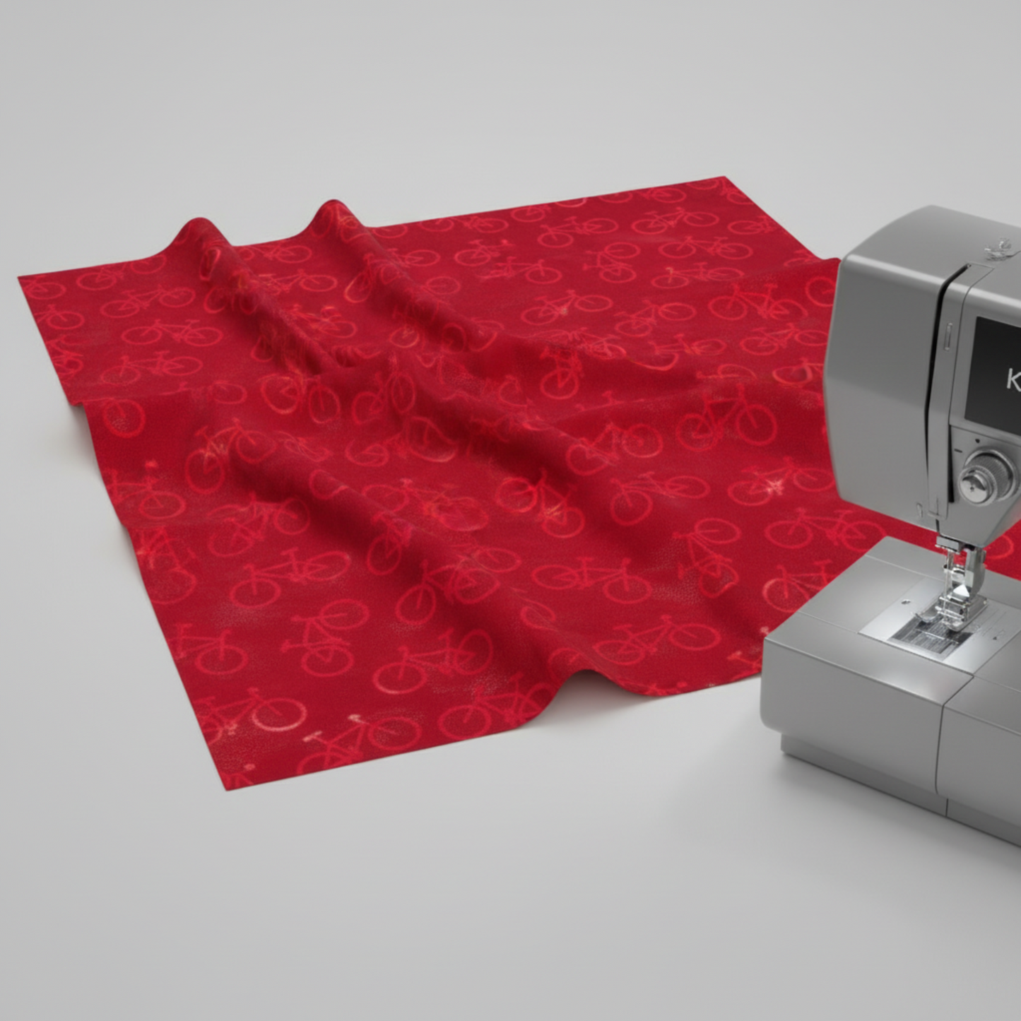 On the Go Bicycles Red quilting cotton draped by sewing machine – kids quilting project inspiration