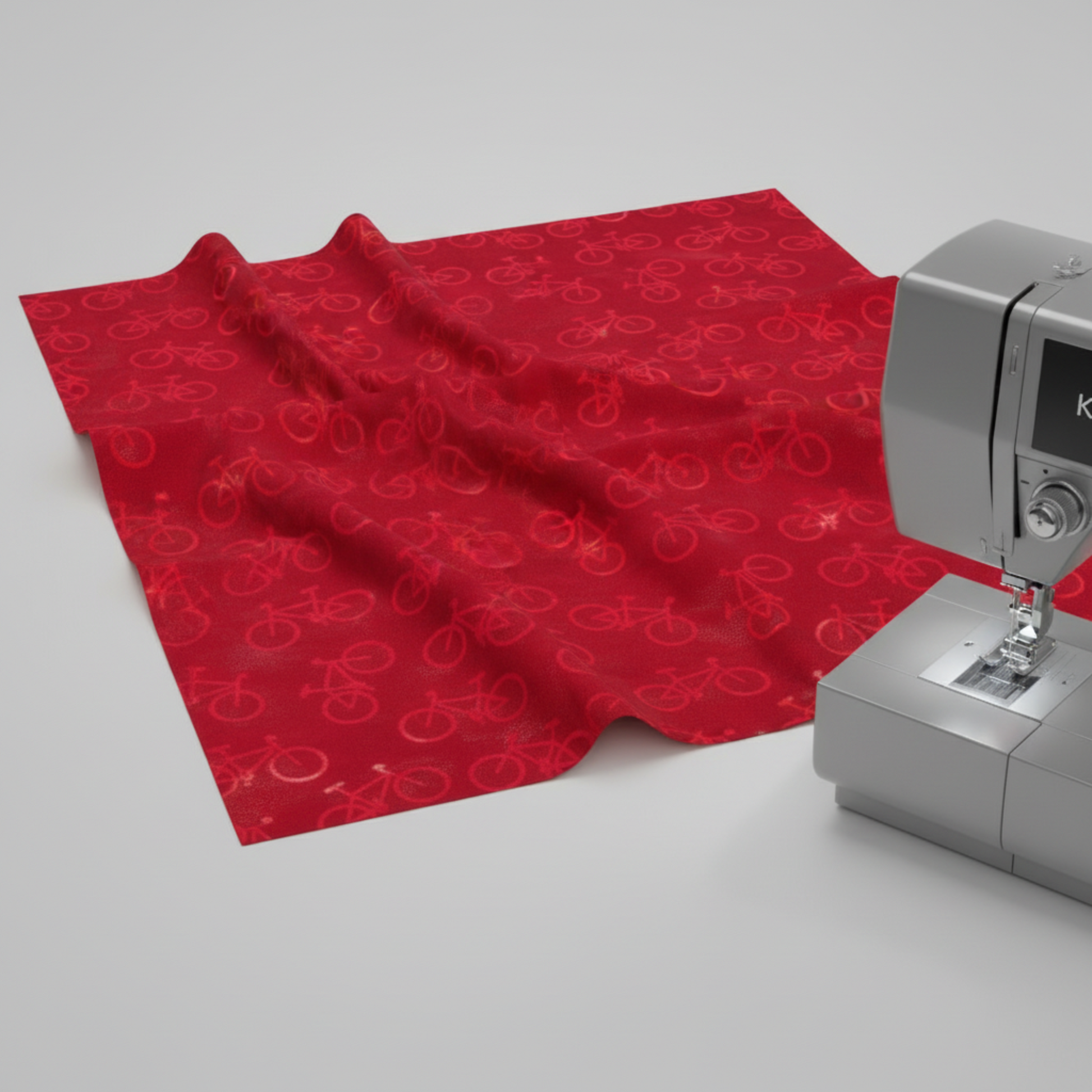 On the Go Bicycles Red quilting cotton draped by sewing machine – kids quilting project inspiration