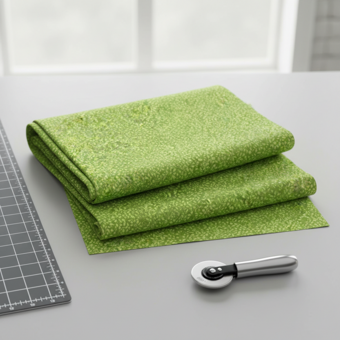 Close-up detail of On the Go Leaves Green quilting cotton fabric highlighting soft green tonal leaf design