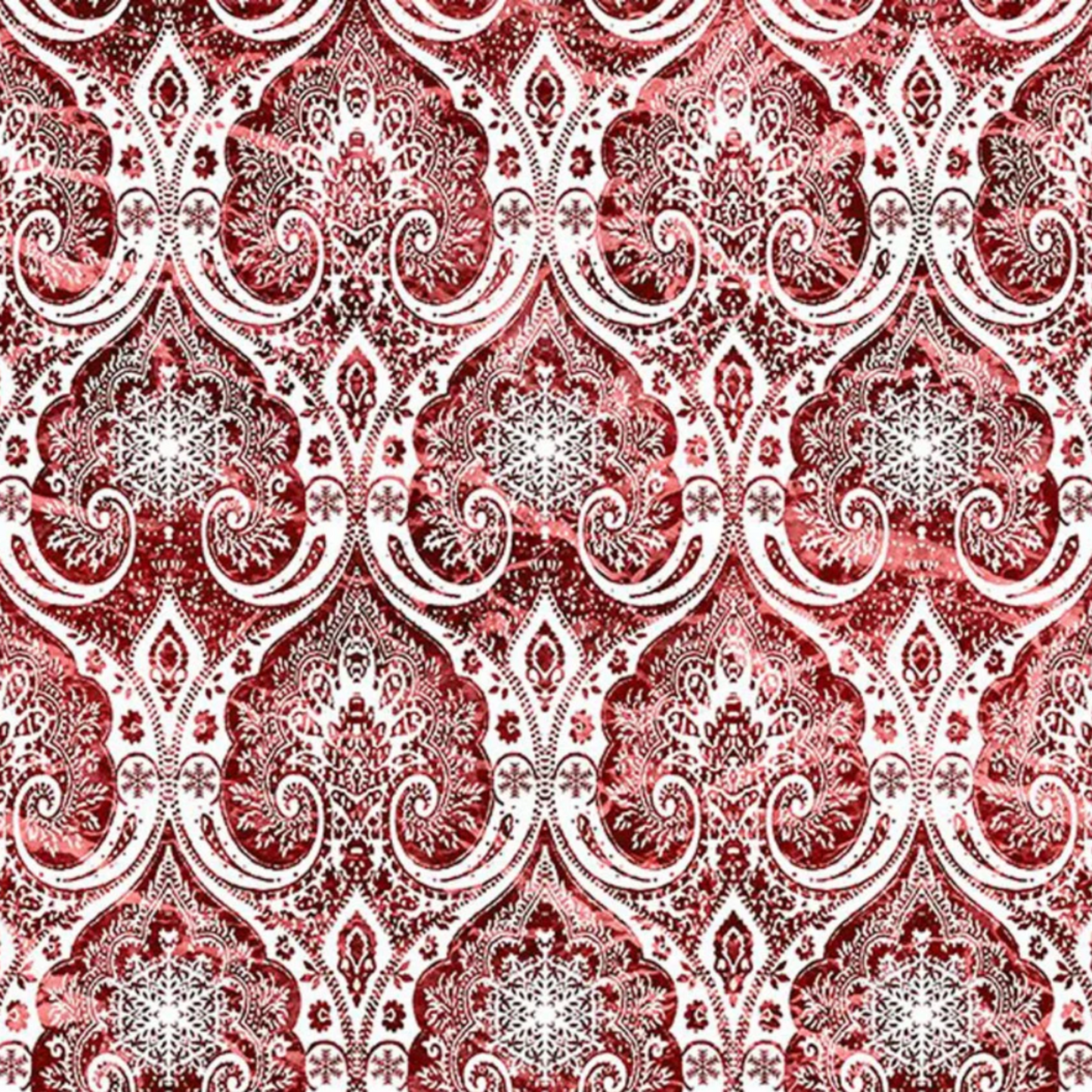 Nature's Winter Red Snowflake Ogee quilting cotton fabric by Jason Yenter – premium 100% cotton showing elegant snowflake ogee pattern on red