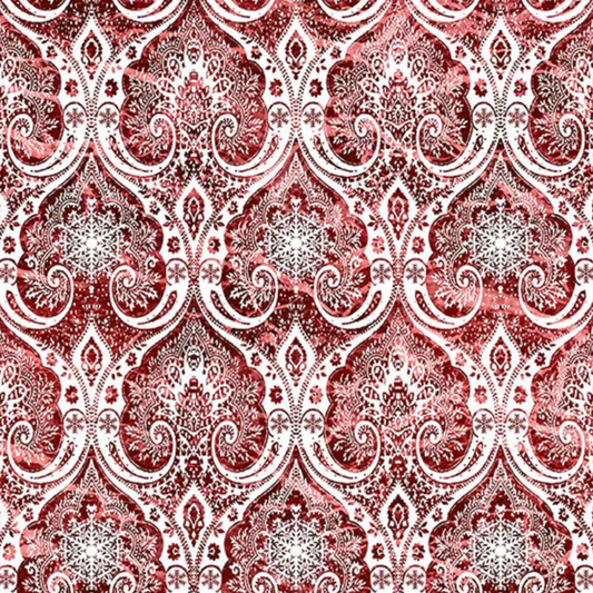 Nature's Winter Red Snowflake Ogee quilting cotton fabric by Jason Yenter – premium 100% cotton showing elegant snowflake ogee pattern on red