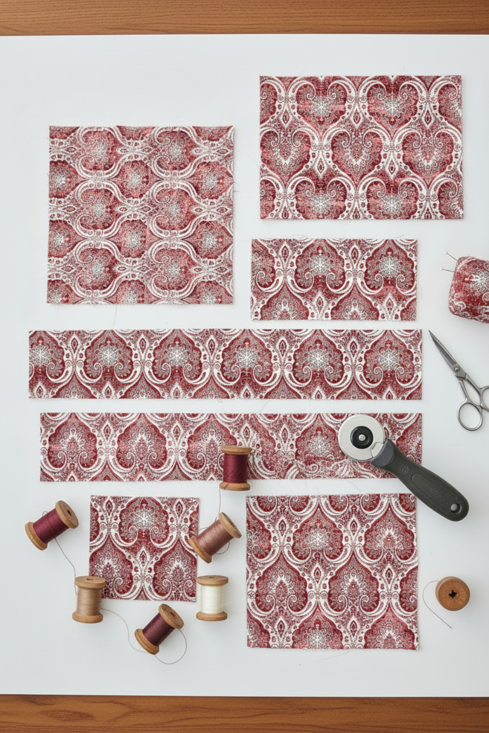 Nature's Winter Red Snowflake Ogee quilting cotton styled for holiday quilting project inspiration