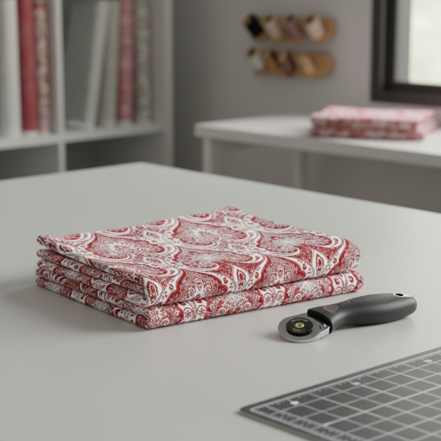 Nature's Winter Red Snowflake Ogee quilting cotton folded stack showing fabric body and rich red color