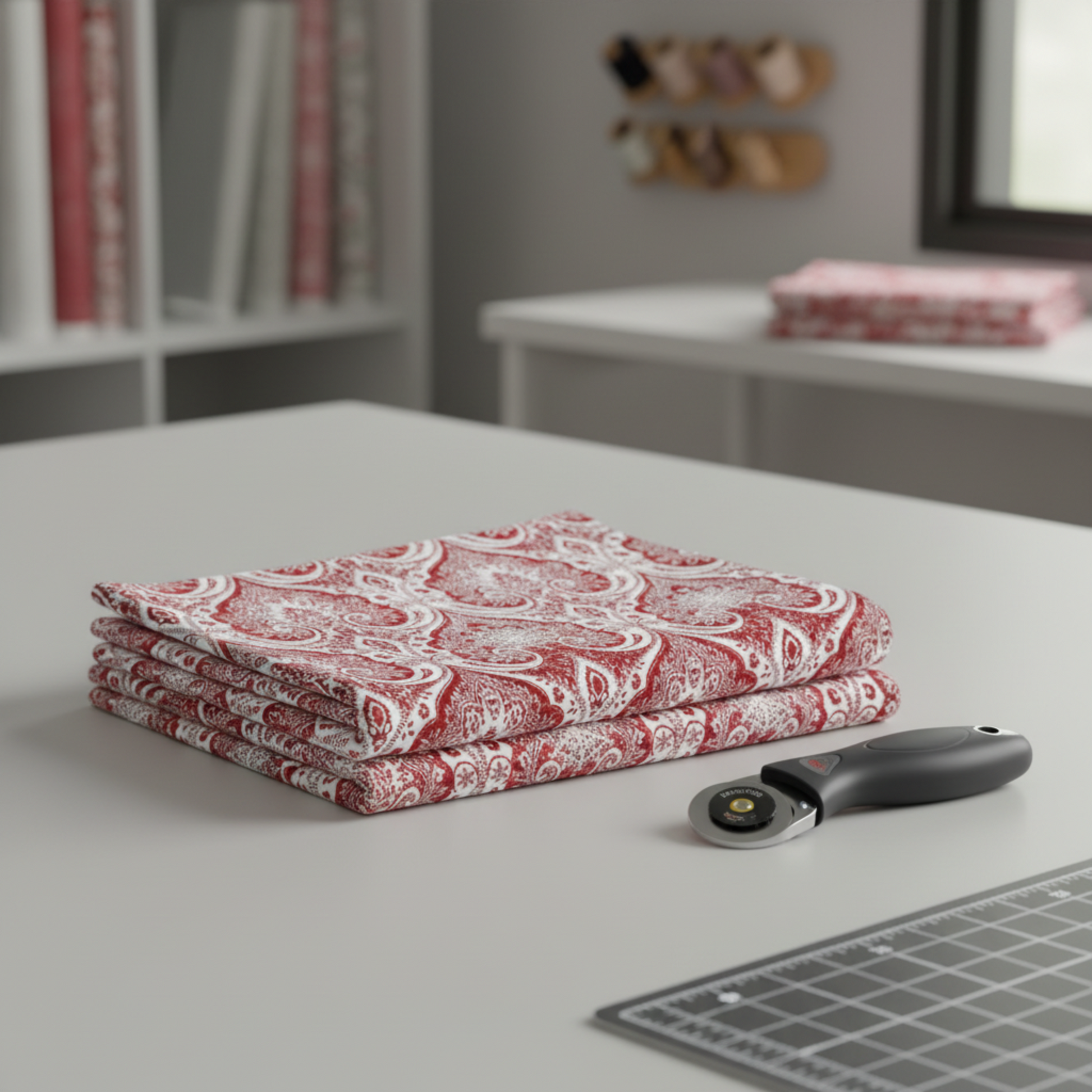 Nature's Winter Red Snowflake Ogee quilting cotton folded stack showing fabric body and rich red color