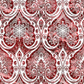 Nature's Winter Red Snowflake Ogee quilting cotton by Jason Yenter for In The Beginning Fabrics — vertical close-up of bold white ogee lattice with intricate snowflake medallions and swirling paisley scrolls on mottled crimson and burgundy. 100% cotton, 43–44" wide.
