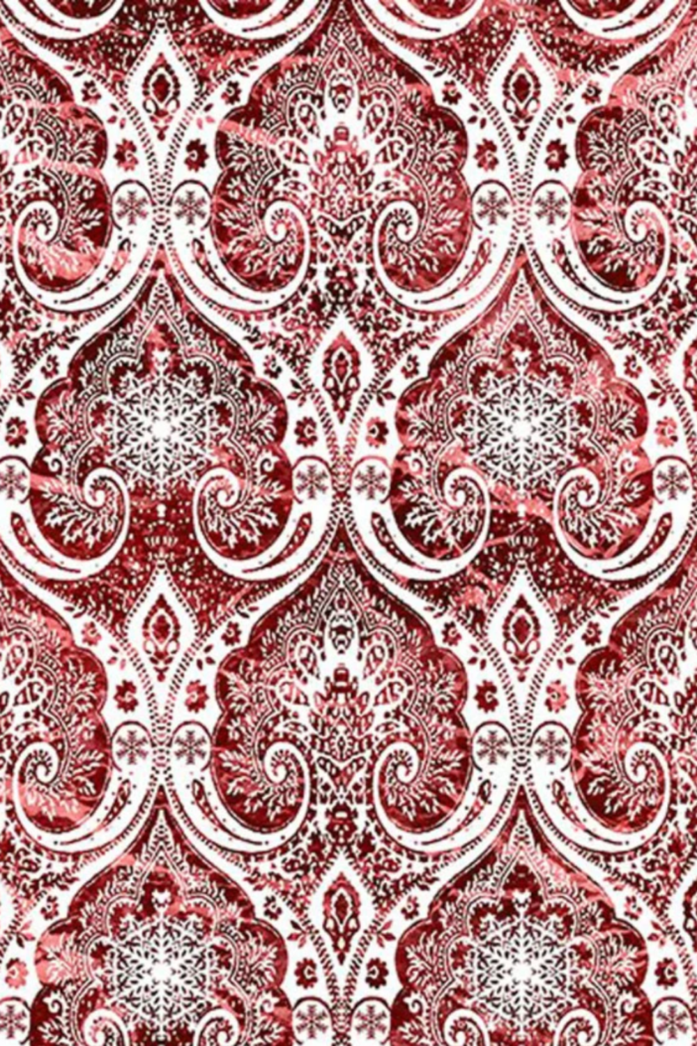Nature's Winter Red Snowflake Ogee quilting cotton by Jason Yenter for In The Beginning Fabrics — vertical close-up of bold white ogee lattice with intricate snowflake medallions and swirling paisley scrolls on mottled crimson and burgundy. 100% cotton, 43–44" wide.