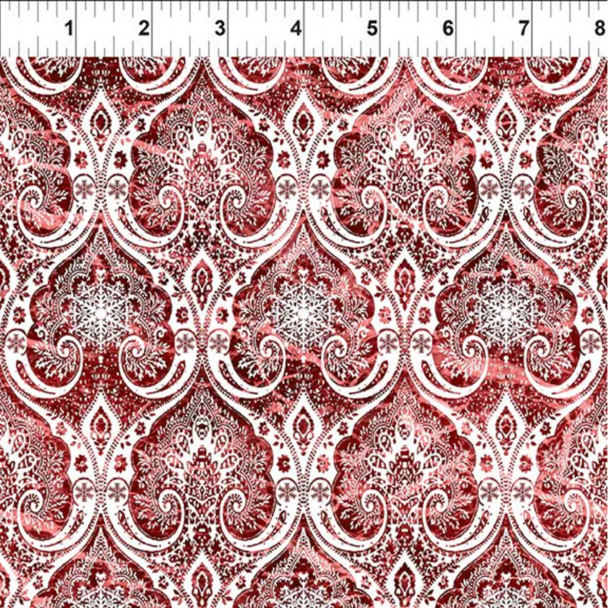 Nature's Winter Red Snowflake Ogee quilting cotton with ruler showing scale of snowflake ogee pattern repeat