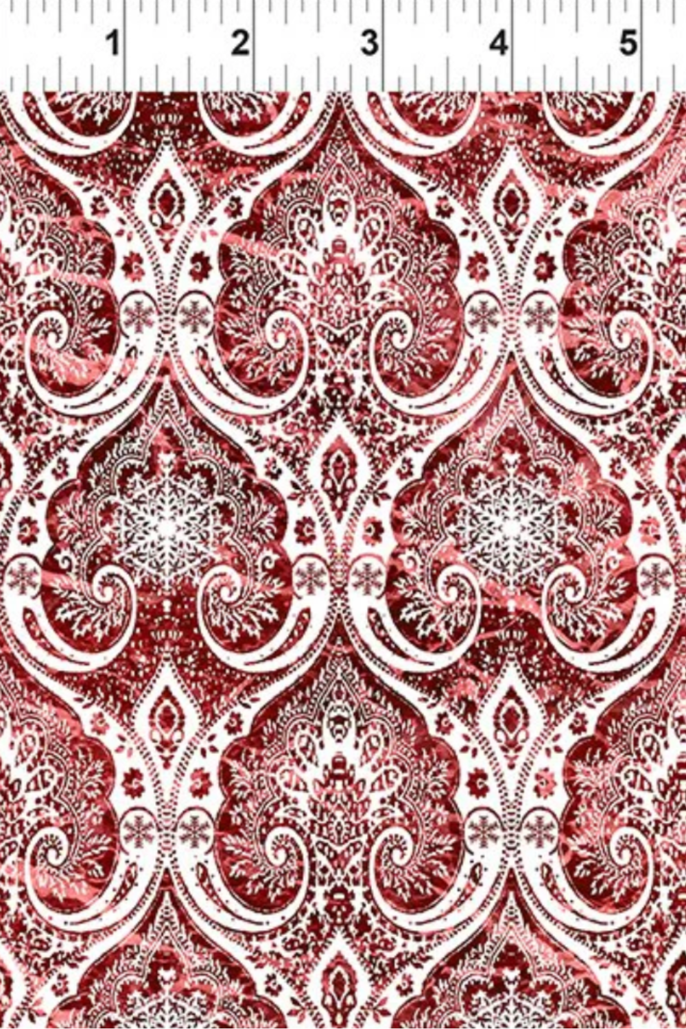 Vertical display of Nature's Winter Red Snowflake Ogee quilting cotton showing continuous yardage and ogee pattern repeat