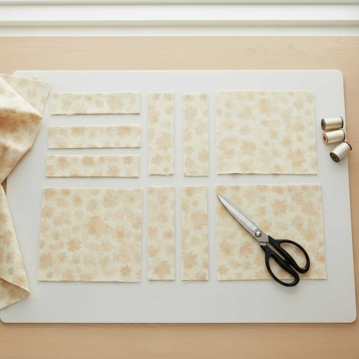 Reflections of Autumn II Shadow Maple Leaf Cream quilting cotton with cut strips and squares on clean layout – project inspiration
