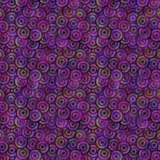 Close-up of Halcyon II Purple Wheels fabric showing geometric wheel details in vibrant purple - premium 100% cotton