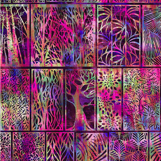 Halcyon II Magenta Woodblock quilting cotton full pattern repeat - bold geometric woodblock design perfect for quilt backs and statement borders