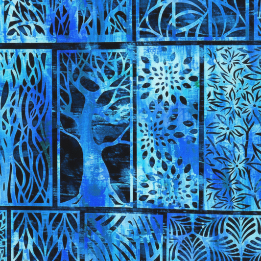 Close-up of Halcyon II Blue Woodblock fabric showing bold geometric woodblock details in vibrant blue - premium 100% cotton