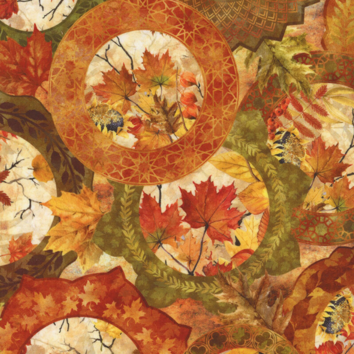 Autumn Celebration Multi Circles quilting cotton fabric by Jason Yenter for In The Beginning Fabrics — large overlapping medallion circles with russet-orange lattice borders filled with layered autumn maple leaves in crimson, orange, golden yellow, and olive green. Premium 100% cotton, 43–44" wide.