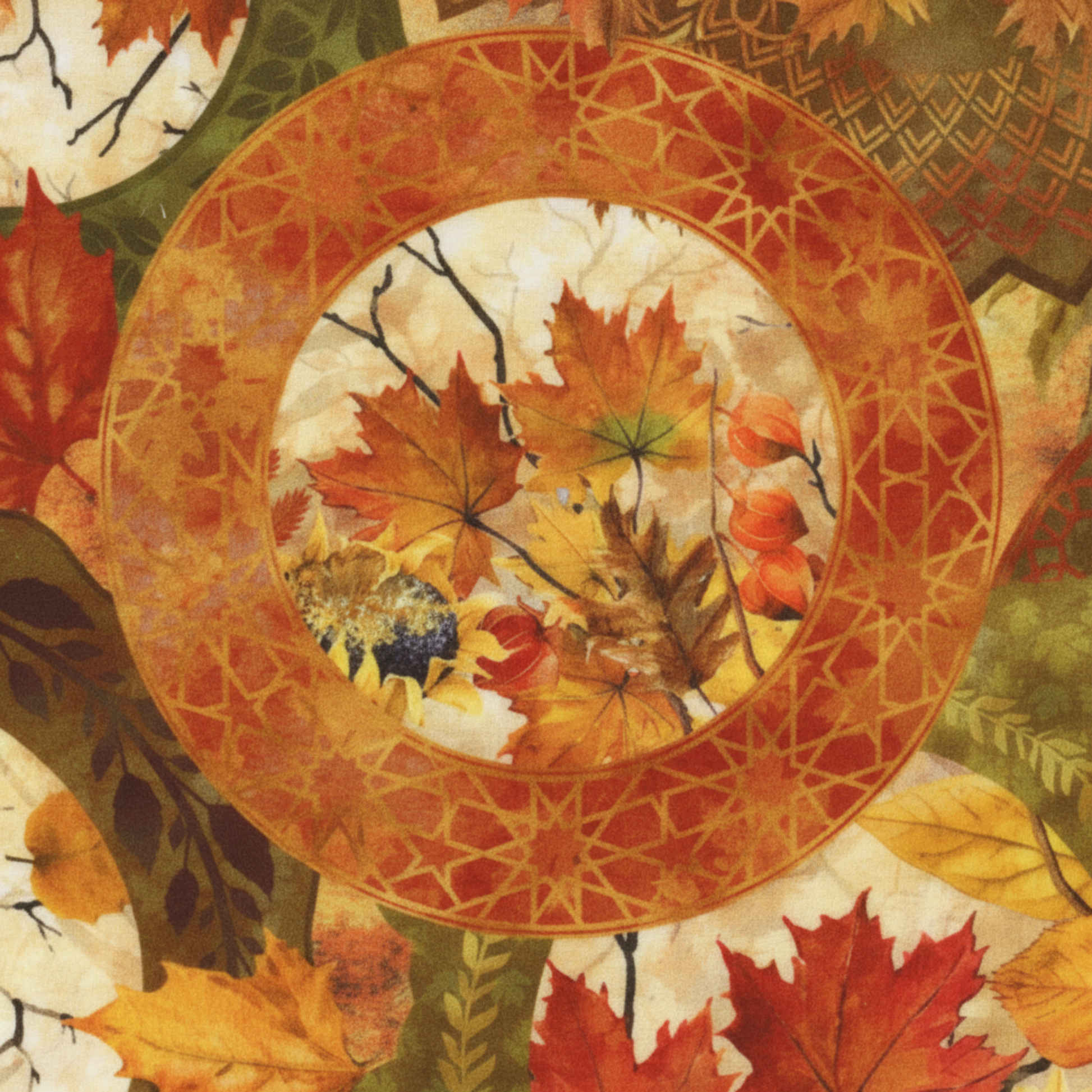 Close-up detail of Autumn Celebration Multi Circles fabric showing intricate medallion pattern and rich autumn colors