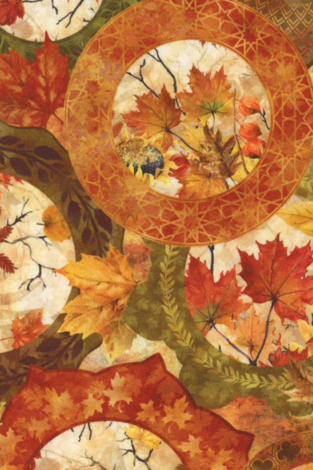 Autumn Celebration Multi Circles quilting cotton fabric by Jason Yenter for In The Beginning Fabrics — close crop showing large overlapping circular medallions with russet-orange lattice borders filled with layered autumn maple leaves in vivid crimson red, burnt orange, golden yellow, and olive green. 100% cotton, 43–44" wide. Available at IraRobi Quilts.