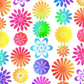 PAWsitivity White Flower Stripe quilting cotton by Jason Yenter for In The Beginning Fabrics — vertical crop showing bold large-scale tossed geometric flower silhouettes — pinwheels, dahlias, sunbursts, daisies, asters, and lotus-style blooms — each in a single vivid hue or rainbow gradient on a crisp bright white ground, 100% cotton, 43–44" wide, sold by the yard.