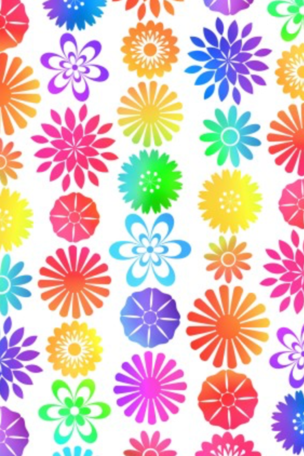 PAWsitivity White Flower Stripe quilting cotton by Jason Yenter for In The Beginning Fabrics — vertical crop showing bold large-scale tossed geometric flower silhouettes — pinwheels, dahlias, sunbursts, daisies, asters, and lotus-style blooms — each in a single vivid hue or rainbow gradient on a crisp bright white ground, 100% cotton, 43–44" wide, sold by the yard.