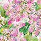 Vertical close-up of Decoupage Pink Lilac quilting fabric with layered pink flowers, lilac blossoms, green foliage, and a light background.