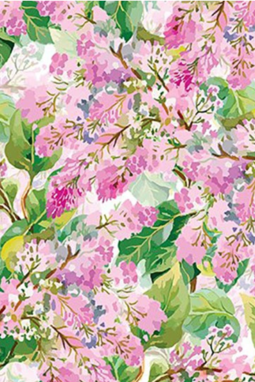 Vertical close-up of Decoupage Pink Lilac quilting fabric with layered pink flowers, lilac blossoms, green foliage, and a light background.