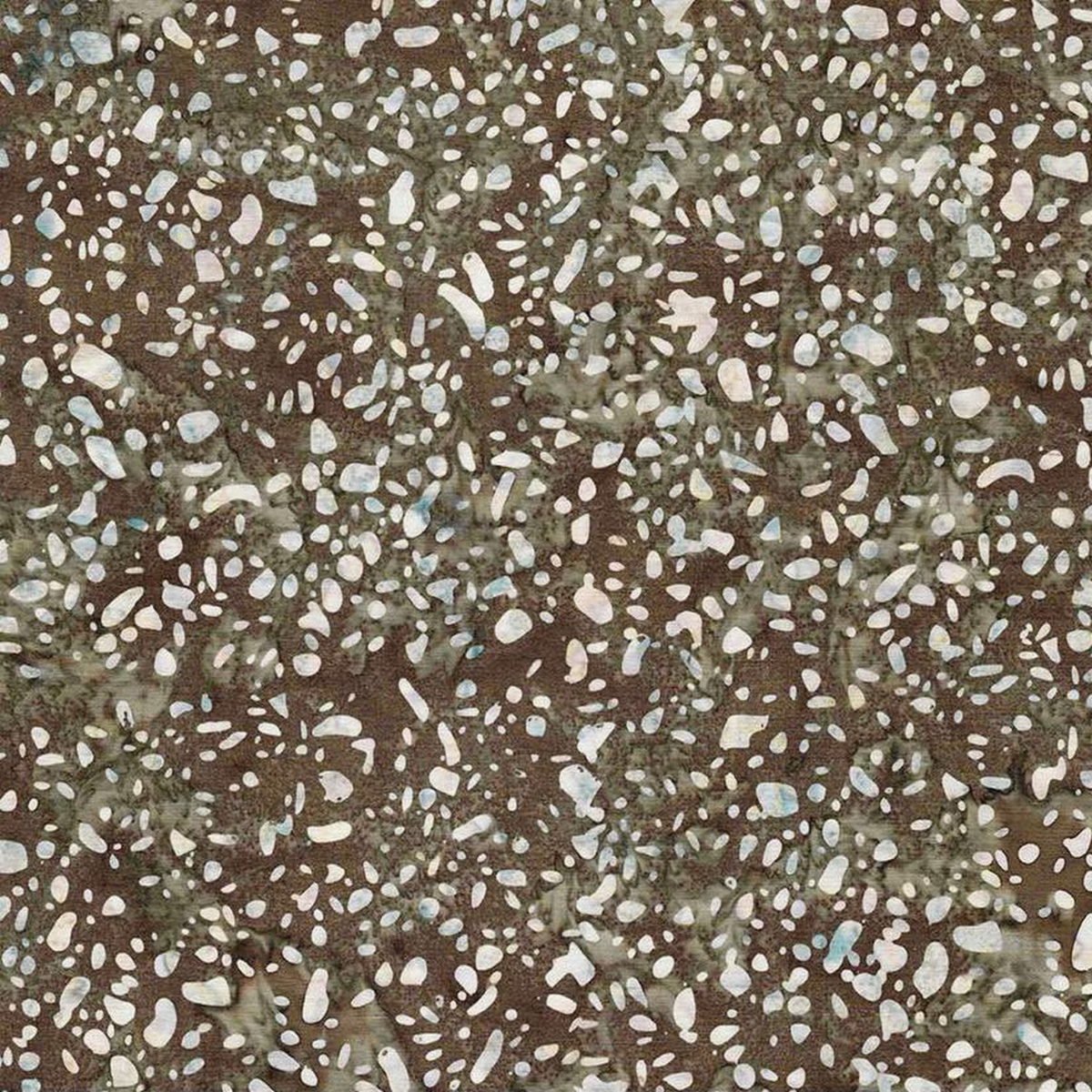 Terrazzo Khaki Fabric by Riley Blake Designs, with ivory and pale blue-gray pebble-shaped flecks on a mottled khaki, olive, and brown background.