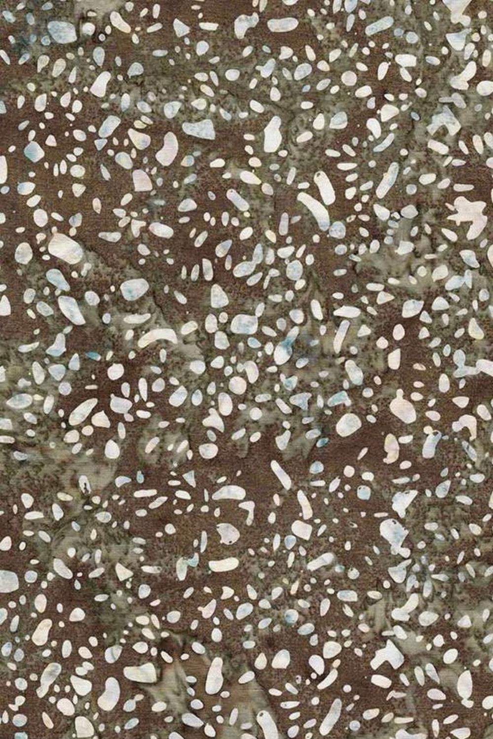 Terrazzo Khaki Fabric by Riley Blake Designs, showing irregular ivory and pale blue-gray flecks across a mottled olive, khaki, and brown background.