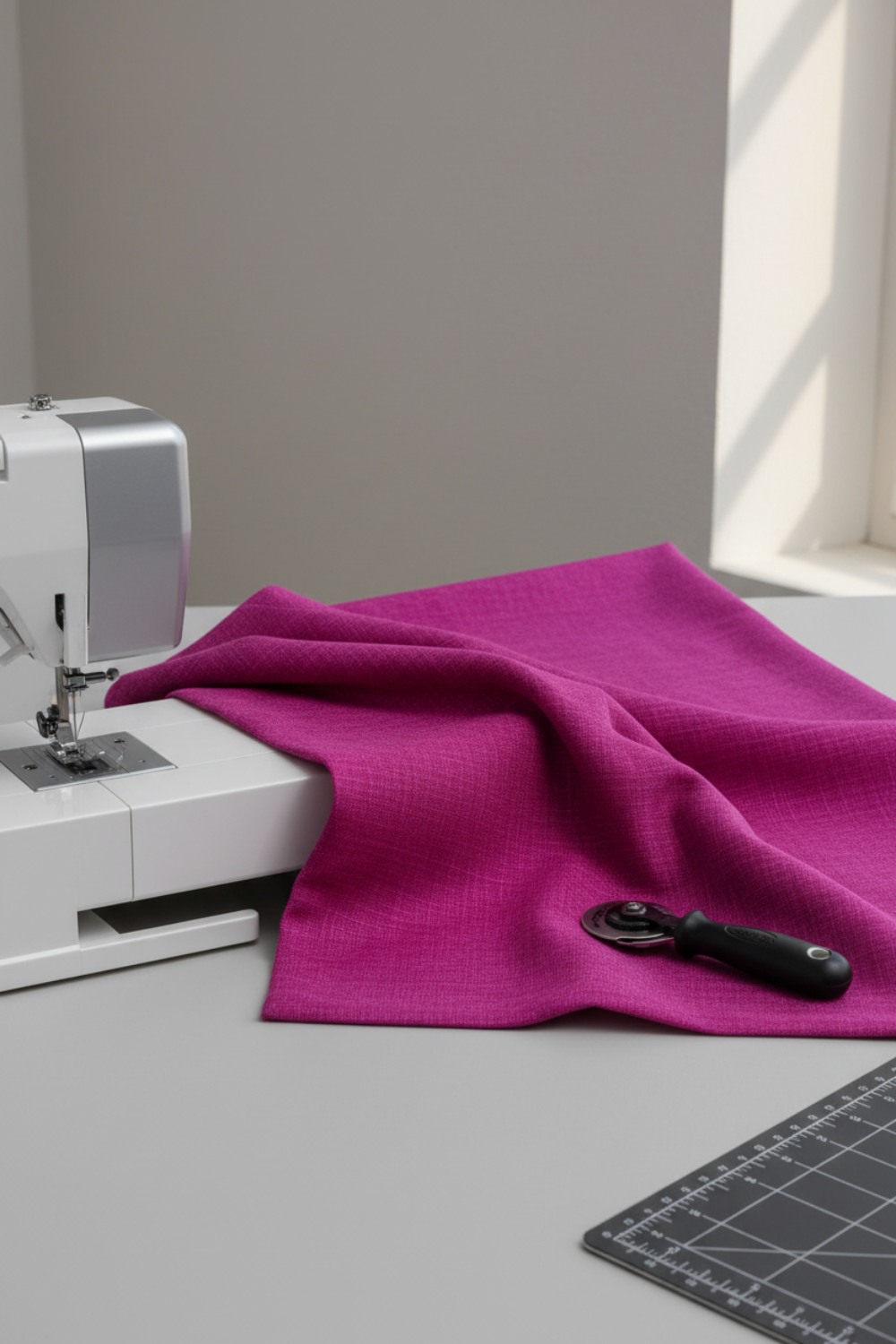 Vertical display of Interwoven Hot Pink quilting cotton showing continuous yardage and geometric pattern repeat