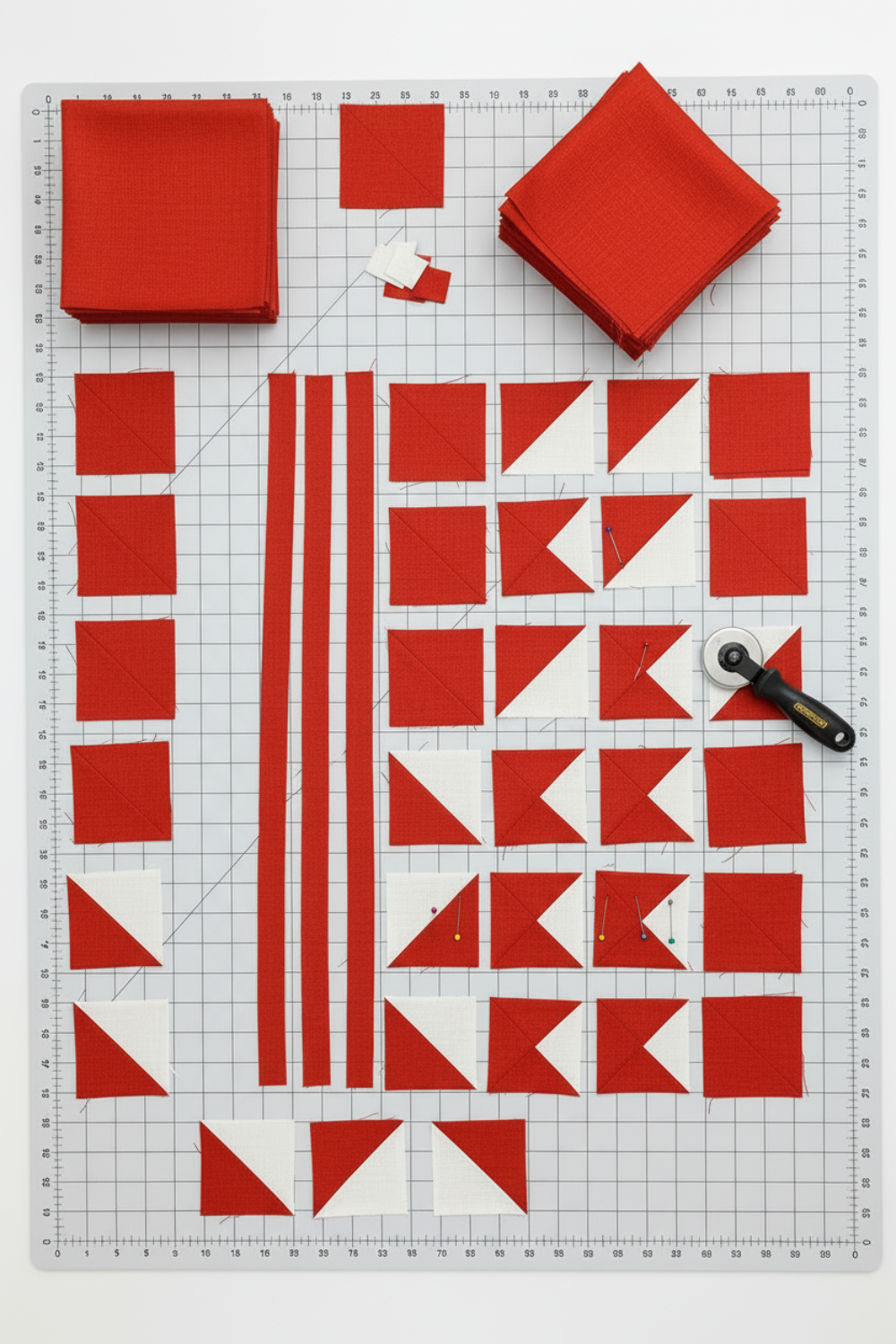 Interwoven Tomato quilting cotton lifestyle photo showing red and white quilt blocks on cutting mat with rotary cutter