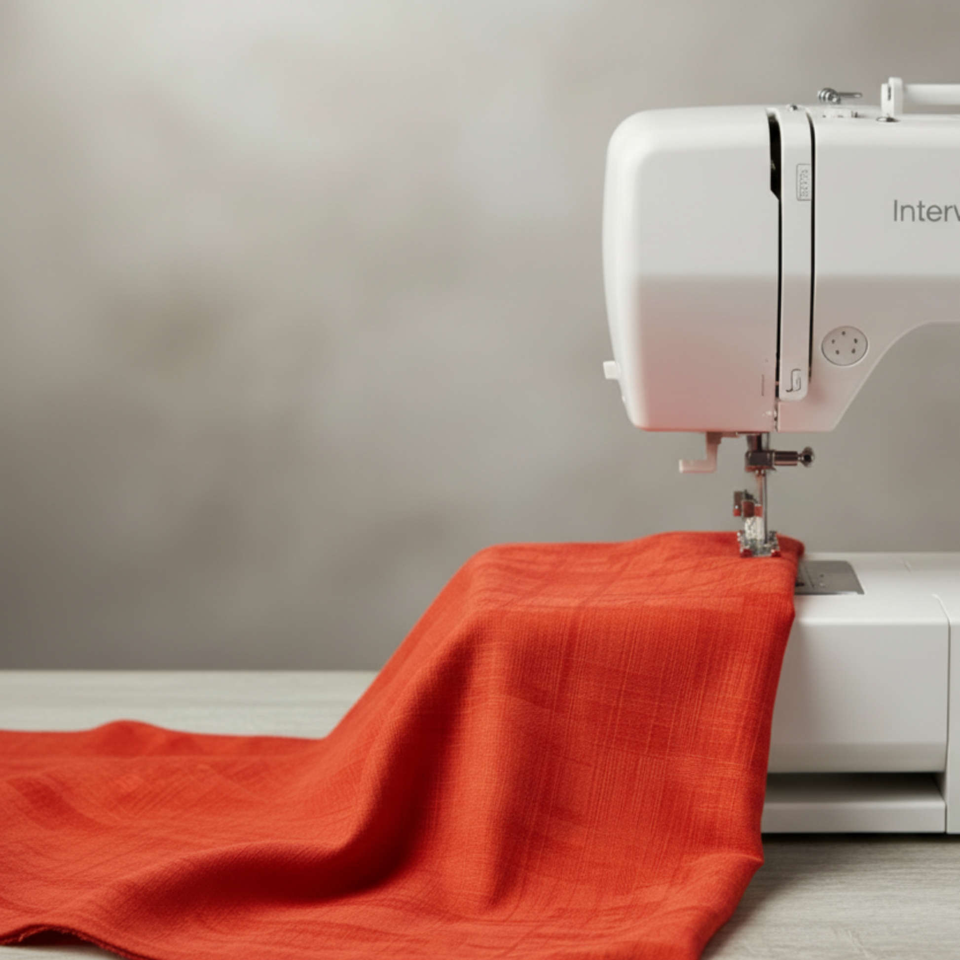 Interwoven Tomato quilting cotton fabric from the Interwoven collection, vibrant tomato red geometric draped beside sewing machine to show soft drape and scale