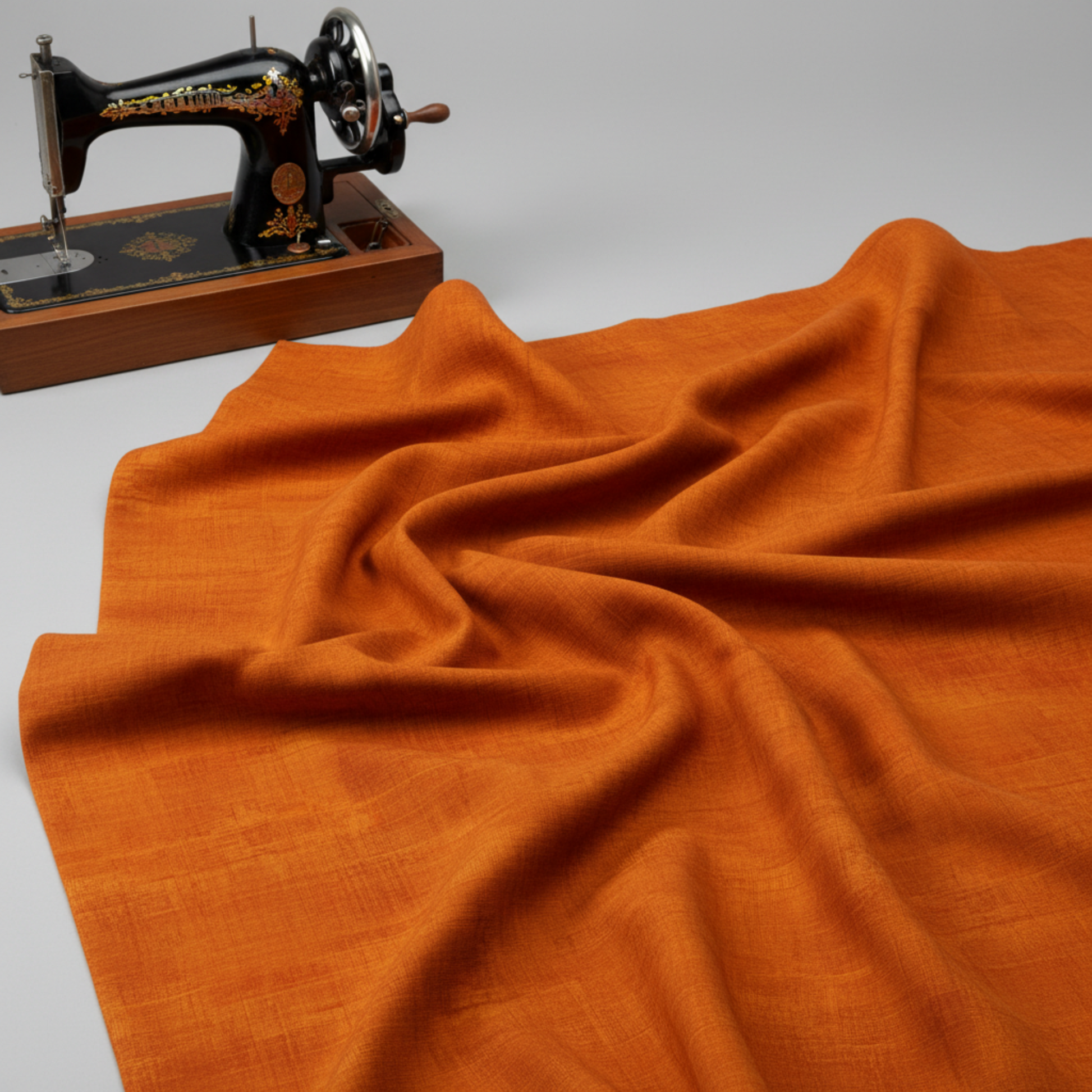 Interwoven Pumpkin quilting cotton fabric from the Interwoven collection, warm pumpkin orange geometric draped beside sewing machine to show soft drape and scale