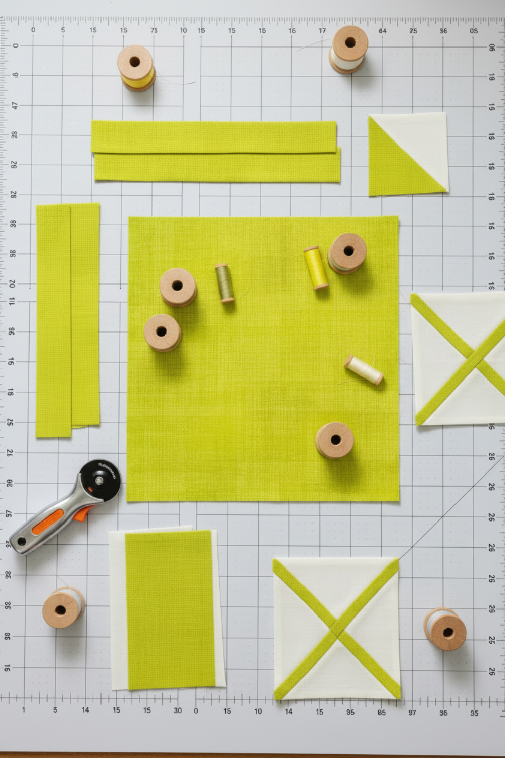 Interwoven Citron quilting cotton detail showing intersecting lines and vibrant citron tones in geometric woven pattern