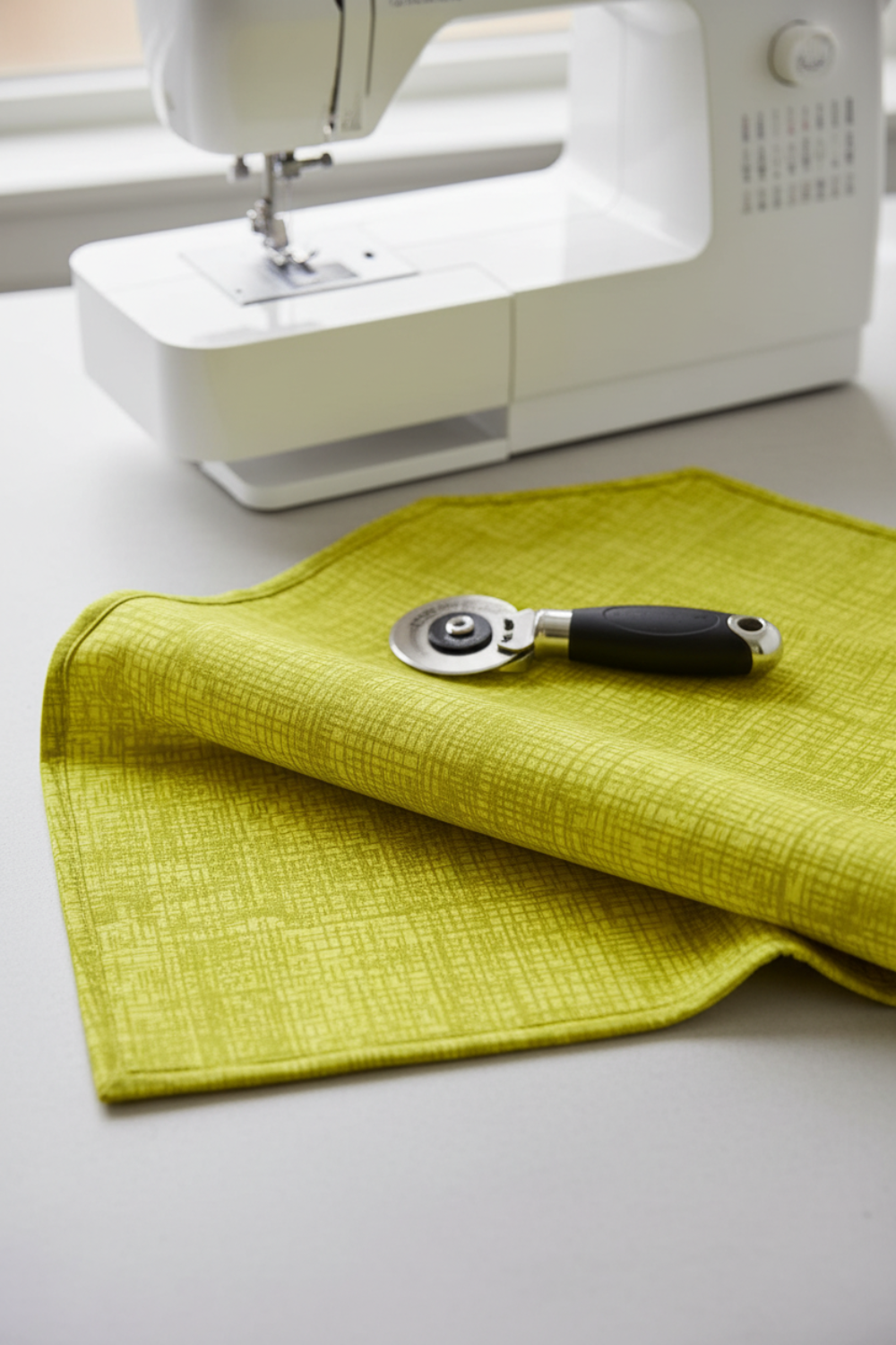 Interwoven Citron quilting cotton fabric from the Interwoven collection, bright citron yellow-green geometric draped beside sewing machine to show soft drape and scale