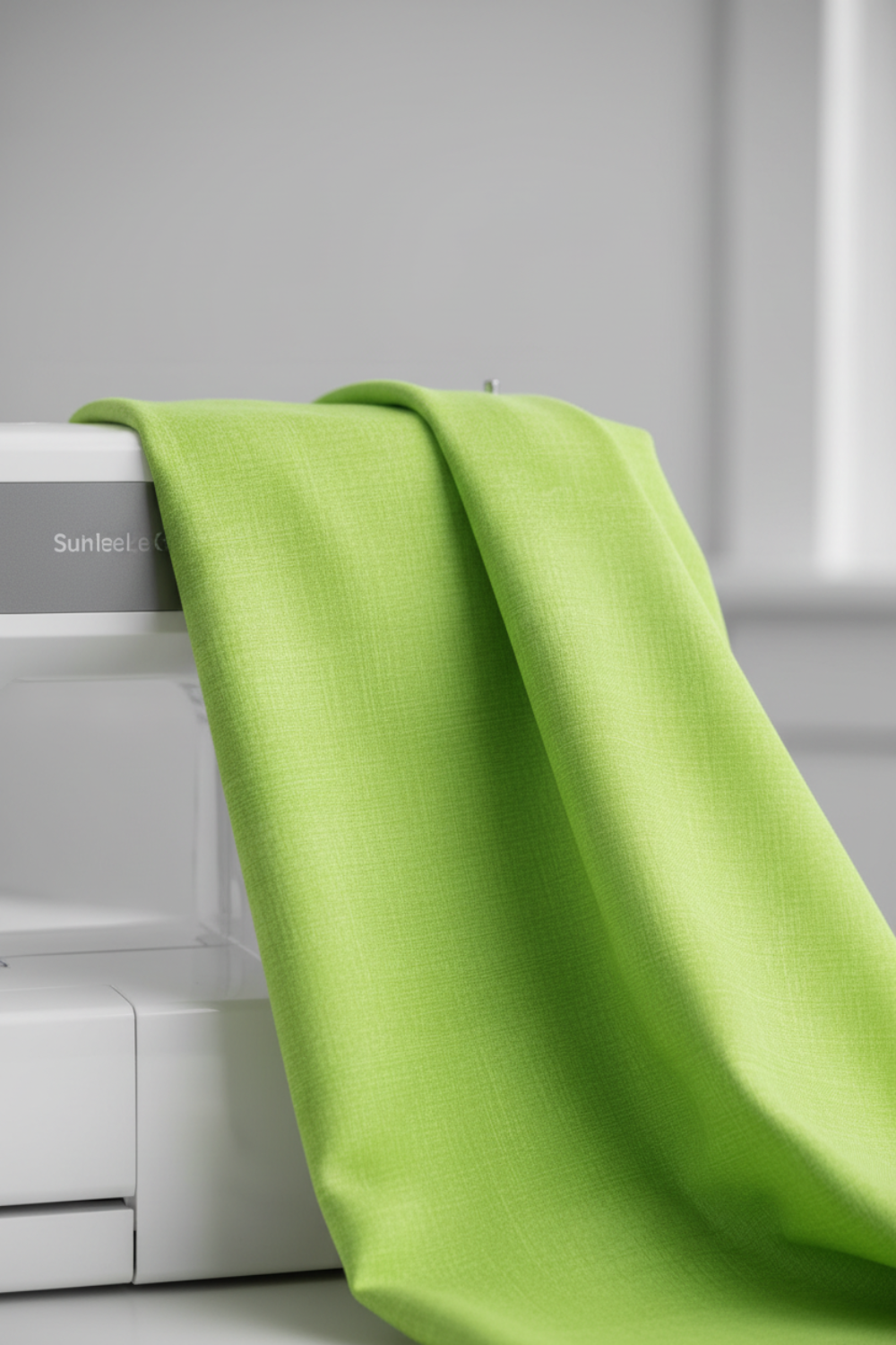 Interwoven Lime quilting cotton fabric from the Interwoven collection, fresh lime green geometric draped beside sewing machine to show soft drape and scale