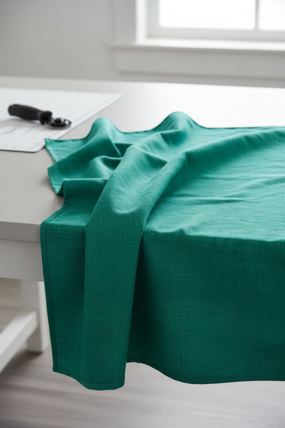 Interwoven Blue Green quilting cotton fabric from the Interwoven collection, cool blue-green teal geometric draped beside sewing machine to show soft drape and scale