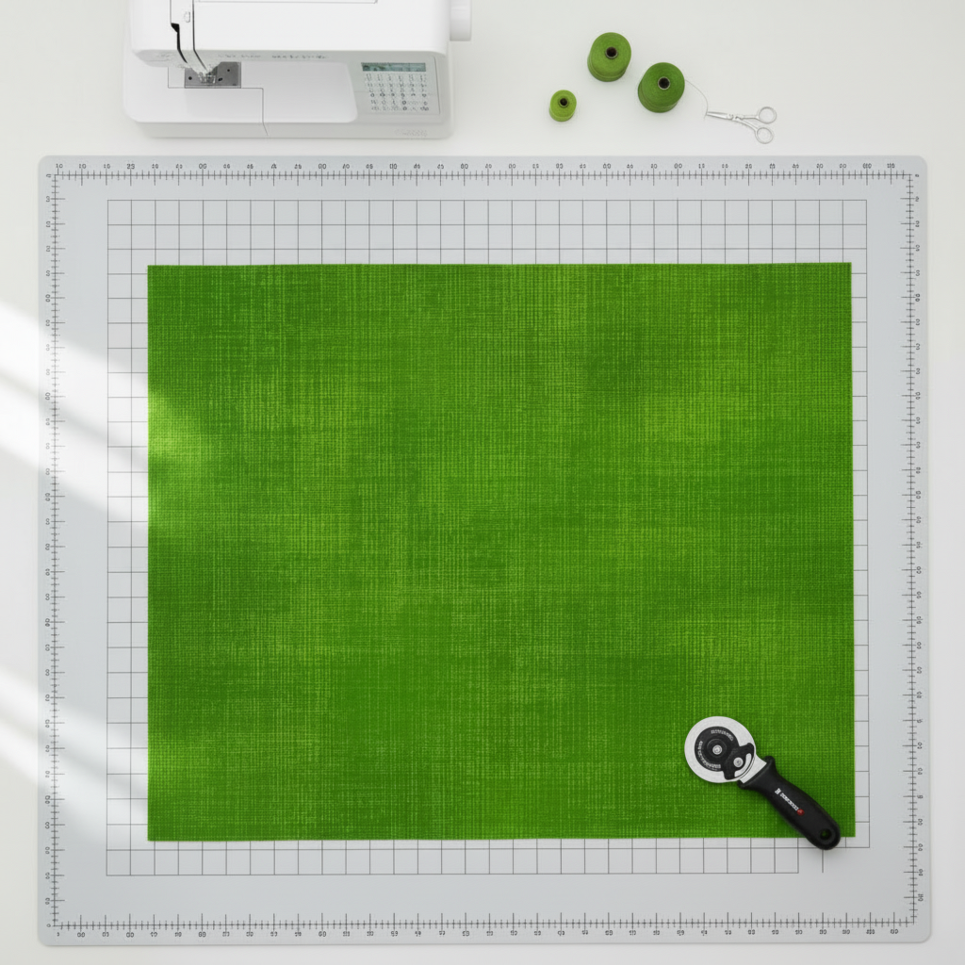 Interwoven Green quilting cotton fabric by Jason Yenter showing vibrant bold green geometric woven pattern