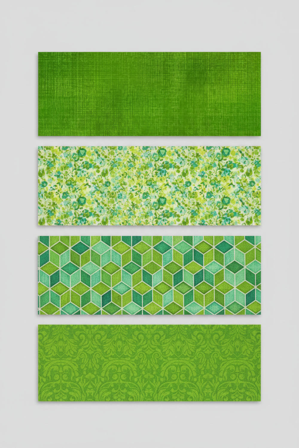 Interwoven Green quilting cotton with three coordinating fabrics lifestyle photo showing color palette and design inspiration