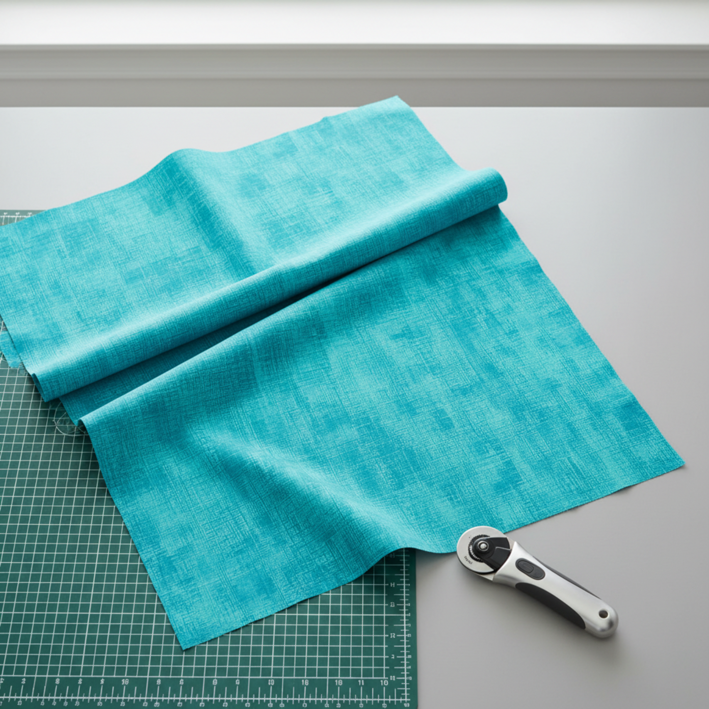 Interwoven Turquoise quilting cotton fabric by Jason Yenter showing vibrant turquoise blue-green geometric woven pattern