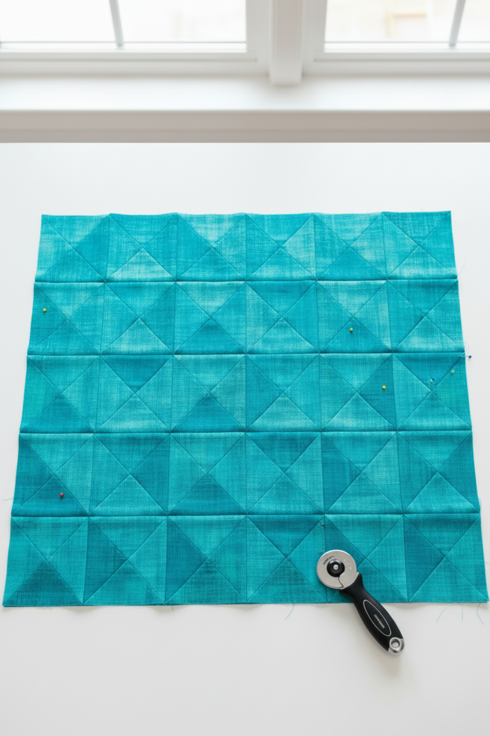 Interwoven Turquoise quilting cotton detail showing intersecting lines and vibrant turquoise tones in geometric woven pattern