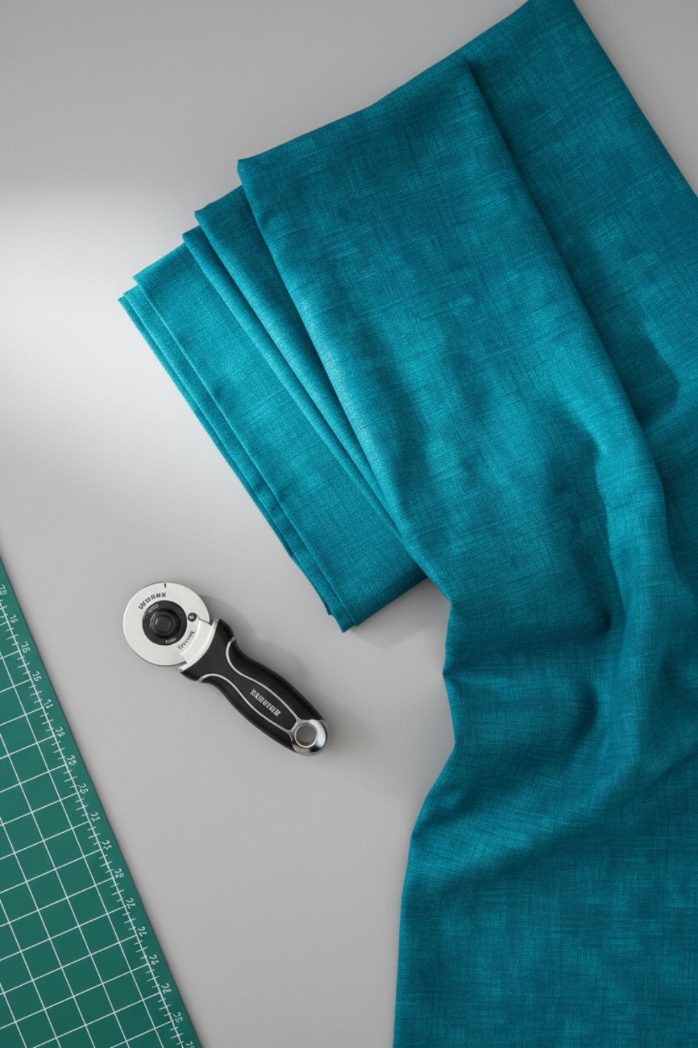 Interwoven Teal quilting cotton lifestyle photo showing draped fabric on cutting table with rotary cutter and cutting mat