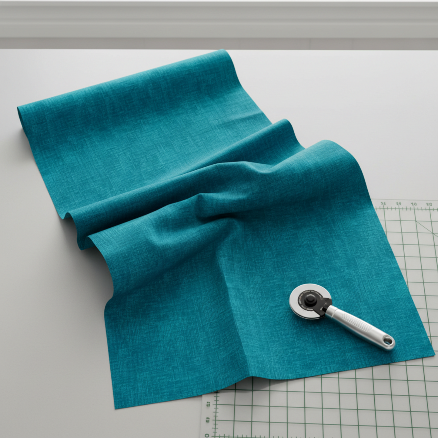 Interwoven Teal quilting cotton fabric by Jason Yenter showing rich teal blue-green geometric woven pattern