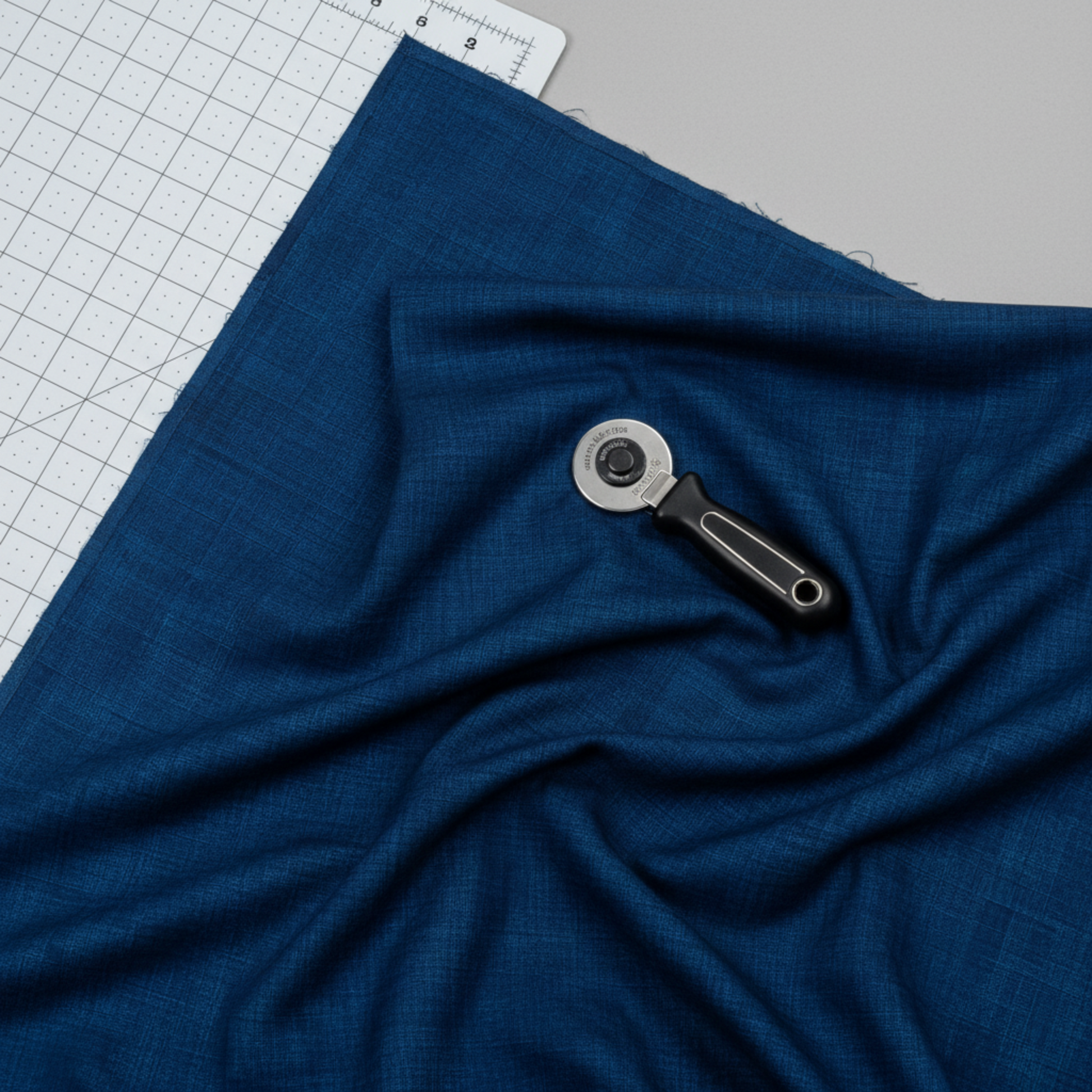 Interwoven Indigo quilting cotton fabric by Jason Yenter showing deep indigo blue geometric woven pattern